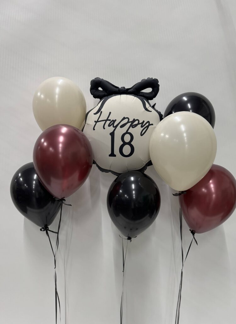 Happy 18 Ballon zum Geburtstag mit Latexballons in weiss, schwarz und lila